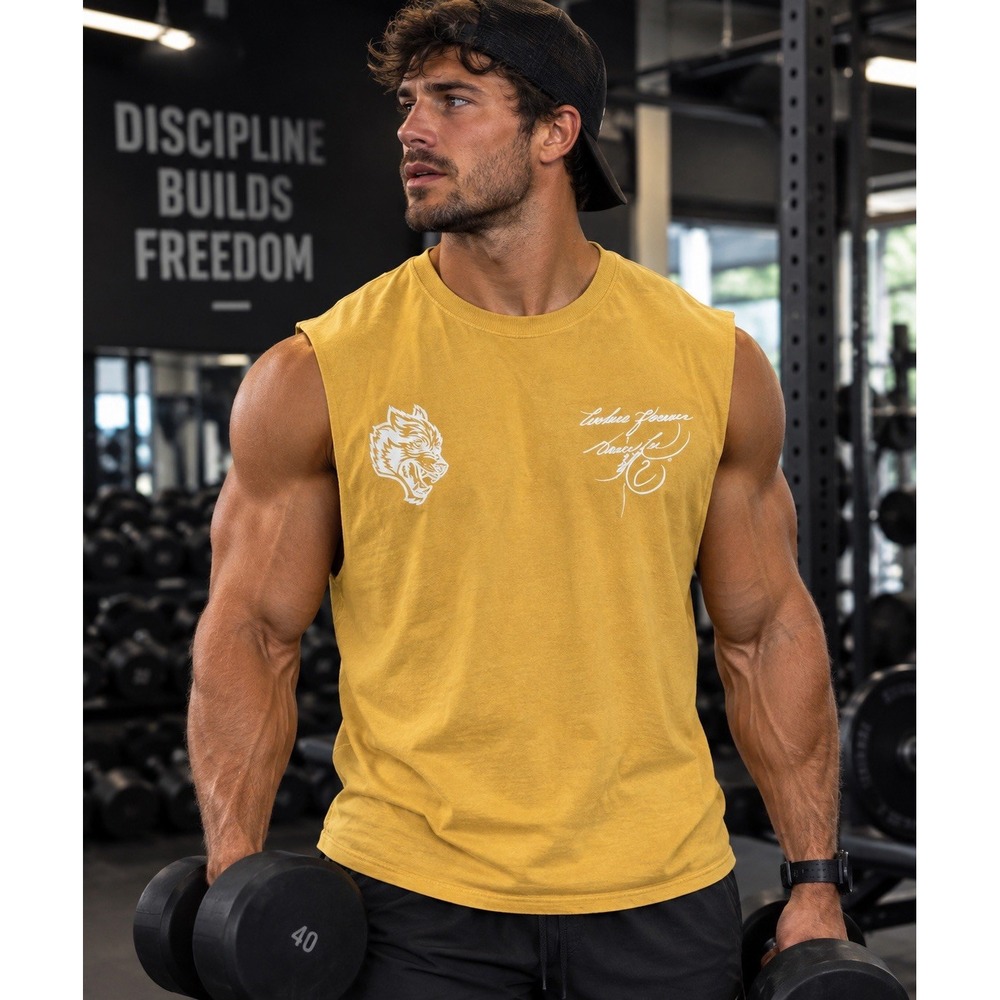 NWT Darc Sports Mens Medium/M Bruce Lee Karate Yellow Muscle Tank Shirt